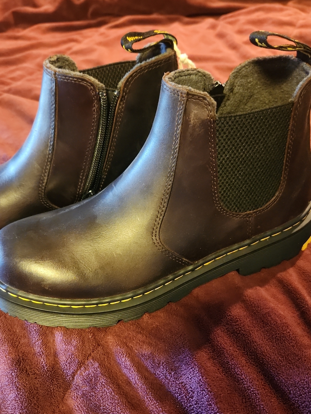 Dr. Martens Brown Leather Chelsea Boots with Black Sole and Yellow Stitching